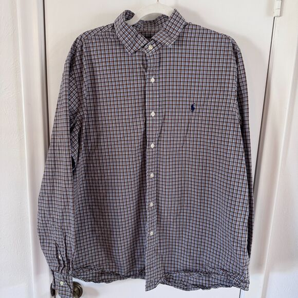 Polo Ralph Lauren Brown Blue Plaid 100% Cotton Button Down Shirt Size XL EUC - Picture 2 of 5